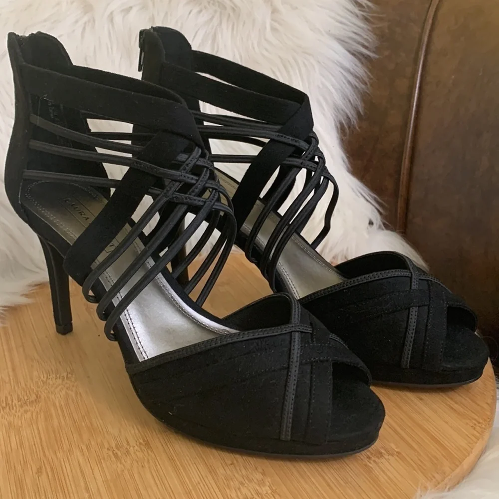 Laura Scott | Black Zipper Strappy Slip On Peep Toe Heels 10M NWOT